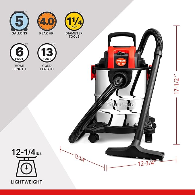 Shop-Vac 5 Gallon 4.0 HP Wet/Dry Vacuum with Blower Function, Stainless Steel Tank, Portable Shop Vacuum with Wheels, Includes Filters, Hose & Accessories, Ideal for Garage and Workshop