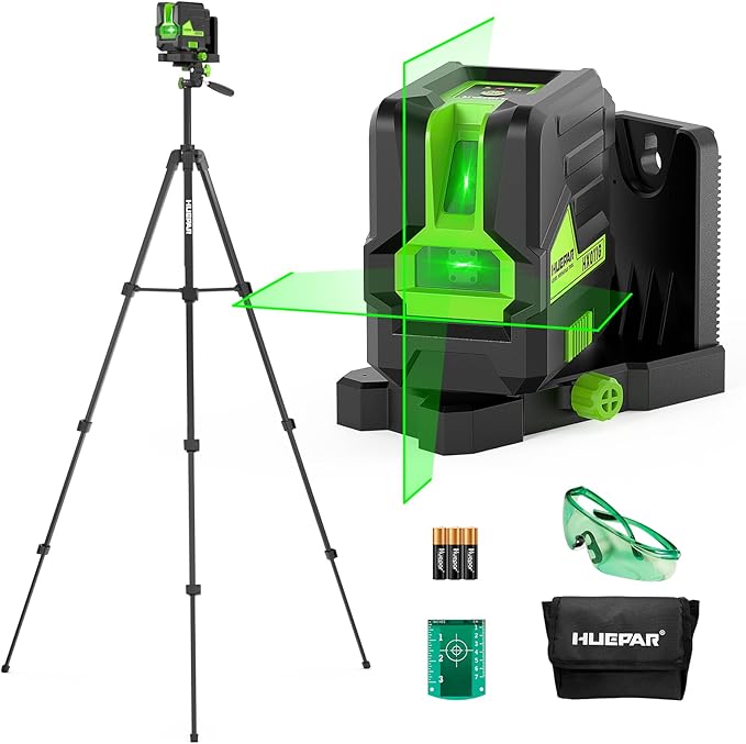Huepar Laser Level with 60in Tripod, 1/13 High Accuracy Self Leveling Green Cross Line Lazer Leveler for Picture Hanging, Tile, Home Renovation, with Pluse Mode for Outdoor, Carry Case, Glasses