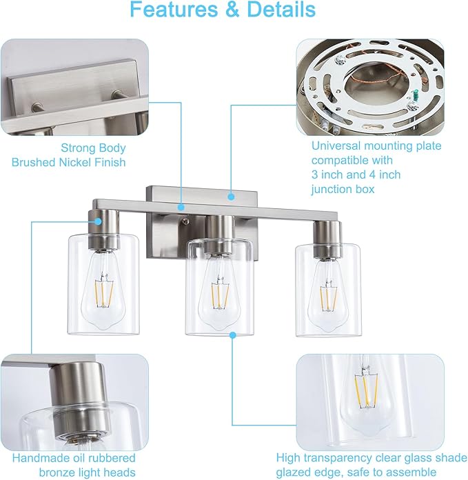 3-Light Vanity Lights,Brushed Nickel Vanity Light,with Clear Glass Shade for Bathroom Light Fixtures, Bathroom Light Fixtures Over Mirror