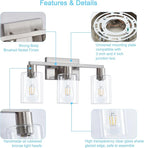 3-Light Vanity Lights,Brushed Nickel Vanity Light,with Clear Glass Shade for Bathroom Light Fixtures, Bathroom Light Fixtures Over Mirror