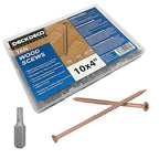 Wood Screws #10 x 4 50pcs(Approx), Tan Ruspert Coating Exterior Deck Screws, Torx/Star Drive Flat Head,Twist Shank, Cut Tip/Thread, Bit Included, 1 lb/Box