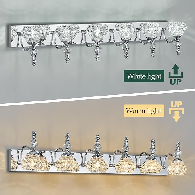 Modern Glass Crystal Vanity Light - Vintage Bathroom Lighting Fixtures Over Mirror, 6 Light Vanity Lights G9 Bulb (43.3 Inch, Chrome)