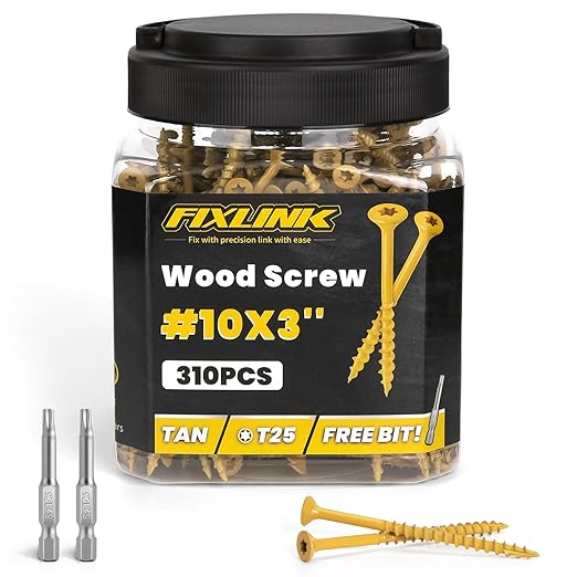 Wood Screws 3 Inch, FIXLINK Deck Screws #10 x 3, 310 PCS, Epoxy Coated, T25 Star Bit Above 1500 Hour Salt Spray Coating Outdoor Decking Screws Excellent Rust Resistant for Outdoor Wood Fence
