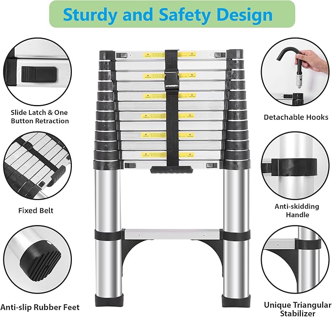 Telescoping Ladders 16.5 FT Aluminum Ladder - One-Button Retraction Collapsible Extension Ladder for Home,RV,Attic & Loft, Lasts 330 LBS with 2 Triangle Stabilizers and 2 Detachable Hooks