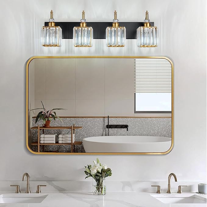 Crystal Vanity Lights - Black Gold 4 Light Bathroom Vanity Light Fixtures Over Mirror Modern Vanity Light