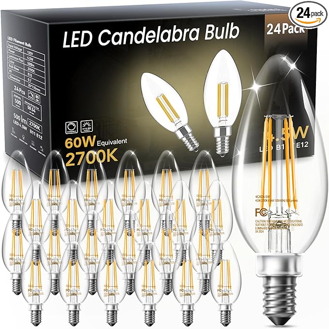 VOLIVO 24 Pack Chandelier LED Bulbs,B11 Candelabra 4.5W, 60 Watt Equivalent, 2700K Clear Glass Filament, E12 Standard Base,Soft White,Classic Edison Fan (Non-dimmable)