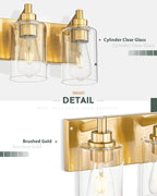 3-Light Bathroom Light Fixtures, Brushed Gold Vanity Light with Cylinder Clear Glass Shade, Modern Vanity Lighting Fixtures Over Mirror, VL143-BG-3