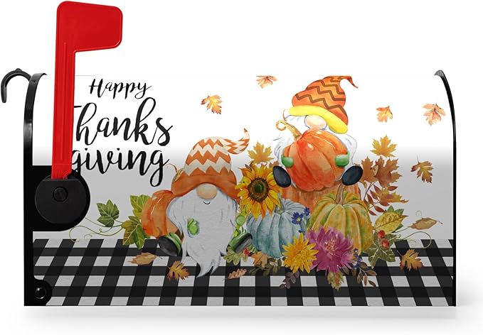 Happy Thanksgiving Mailbox Covers Magnetic Fall Gnomes Pumpkins Mailbox Cover Standard Size 21x18 Inch Decor Black White Plaid Letter Post Box Wraps for Garden Outdoor