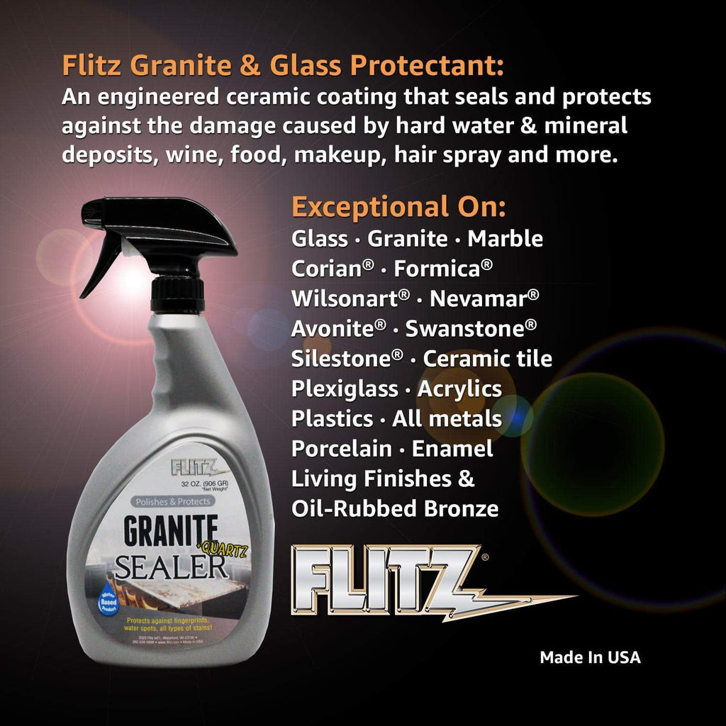 Flitz Granite Sealer (+ Quartz) - 32oz Bottle of USA-Made Quartz Sealer for Countertops, Glass, & More - Food Safe Marble Sealant that Shields Against Hard Water Stains, Mineral Deposits, Oil (1 Pack)