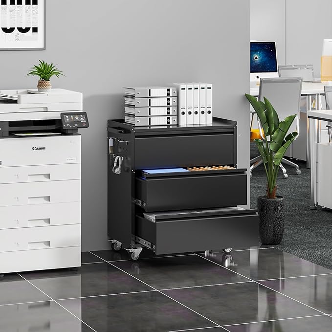 Garage Storage Cabinet with Wheels and Pegboard, Metal Rolling Tool Storage Cabinet with 3 Drawers for Garage, Home, Warehouse, Basement, Assembly Required, Black