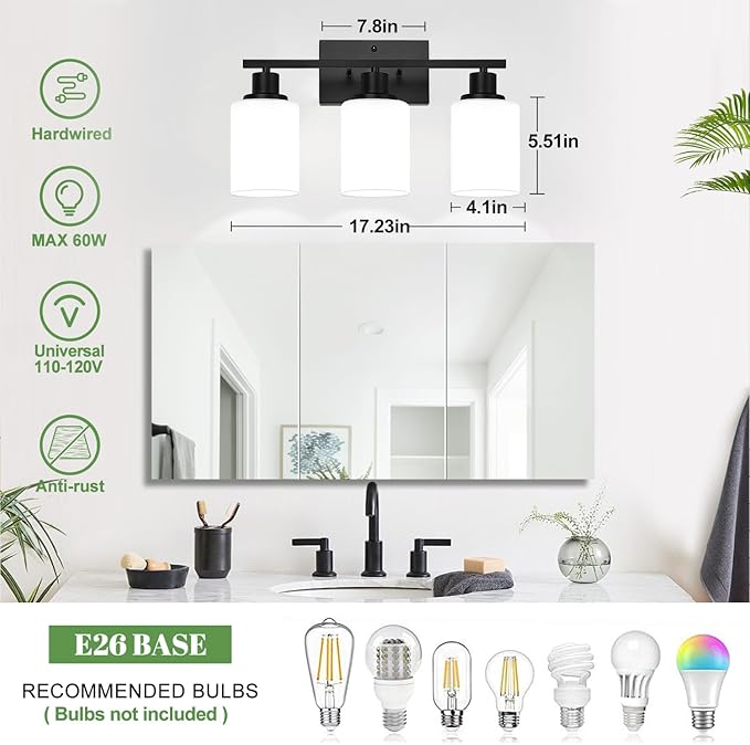 3-Light Bathroom Light Fixtures, Vanity Light with Milky White Shades, Matte Black Bathroom Light Fixtures Over Mirror, Modern Bathroom Wall Lamp for Mirror Living Room Cabinet Bedroom