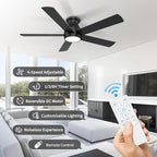 52 Inch Black Ceiling Fans with Lights and Remote, LED Low Profile Flush Mount Ceiling Fan for Bedroom, Living Room, with Quiet DC Motor, Dimmable 6 Speeds