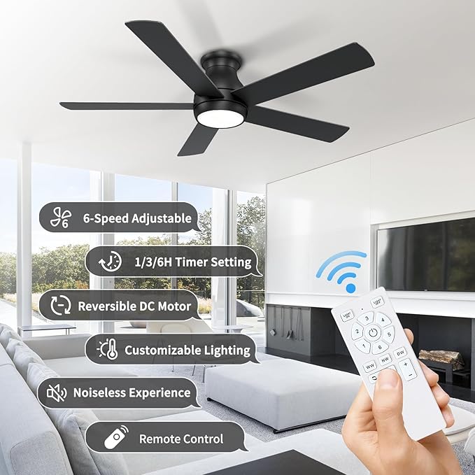 52 Inch Black Ceiling Fans with Lights and Remote, LED Low Profile Flush Mount Ceiling Fan for Bedroom, Living Room, with Quiet DC Motor, Dimmable 6 Speeds