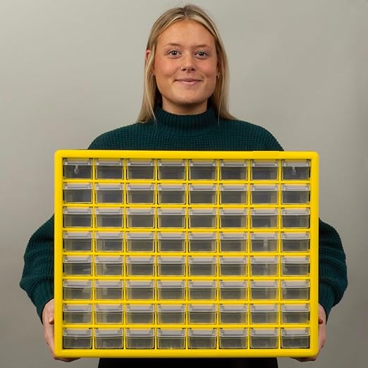 Akro-Mils 64-Drawer Plastic Drawer Storage Cabinet for Garage Organization, Bead Organizer, Building Bricks Storage, Teacher Toolbox, Makeup Organizer, 20-Inch W x 6-Inch D x 16-Inch H, 10164 Yellow