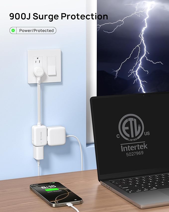 TROND 360° Rotating Flat Plug Outlet Extender Surge Protector with 6 Inch Cable, Small Rotatable Extension Cord, 900 Joules, 3 Way Plug, 15A, Compact for Indoor Home Office Travel Dorm Room, White