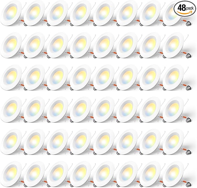 Amico 5/6 inch 5CCT LED Recessed Lighting 48 Pack, Dimmable, IC & Damp Rated, 12.5W=100W, 950LM Can Lights with Baffle Trim, 2700K/3000K/4000K/5000K/6000K Selectable, Retrofit Installation - ETL & FCC