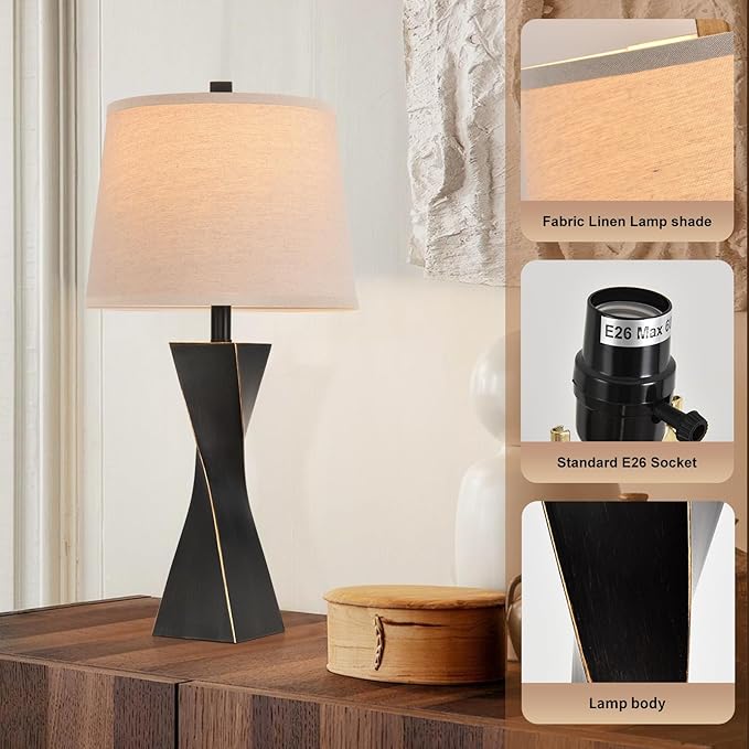 Bedside Lamps Set of 2 Unique Modern Vintage Table Lamp Rustic Farmhouse Desk Lamps for Living Room End Tables Bulb Not Included, Linen Shade, 26.5 in,Black Gold