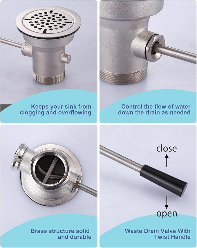 Commercial Sink Drain: 3-1/2" Sink Opening Waste Drain Valve - Brass Commercial Kitchen Sink Drain With Lever Handle - Prevents Sink Clogged Overflow For Commercial Restaurant Multi-Basin Sink
