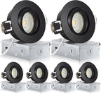 Black 3 Inch Recessed Lighting 6 Pack, Ajustable Eyeball recessed Light with Junction Box,5 Color Selectable,Airtight,7W 550LM,Dimmable,Black