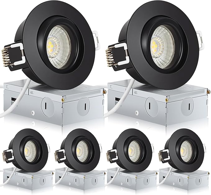 Black 3 Inch Recessed Lighting 6 Pack, Ajustable Eyeball recessed Light with Junction Box,5 Color Selectable,Airtight,7W 550LM,Dimmable,Black