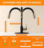 Black and Gold Kitchen Faucet- High Arc Single Handle Stainless Steel Sink Faucet with Pull Down Sprayer- 3 Spray Mode, 1.8 GPM High Flow fit for 1/3 Hole with 10" Deck Plate