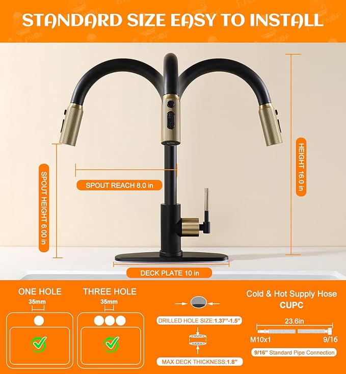 Black and Gold Kitchen Faucet- High Arc Single Handle Stainless Steel Sink Faucet with Pull Down Sprayer- 3 Spray Mode, 1.8 GPM High Flow fit for 1/3 Hole with 10" Deck Plate