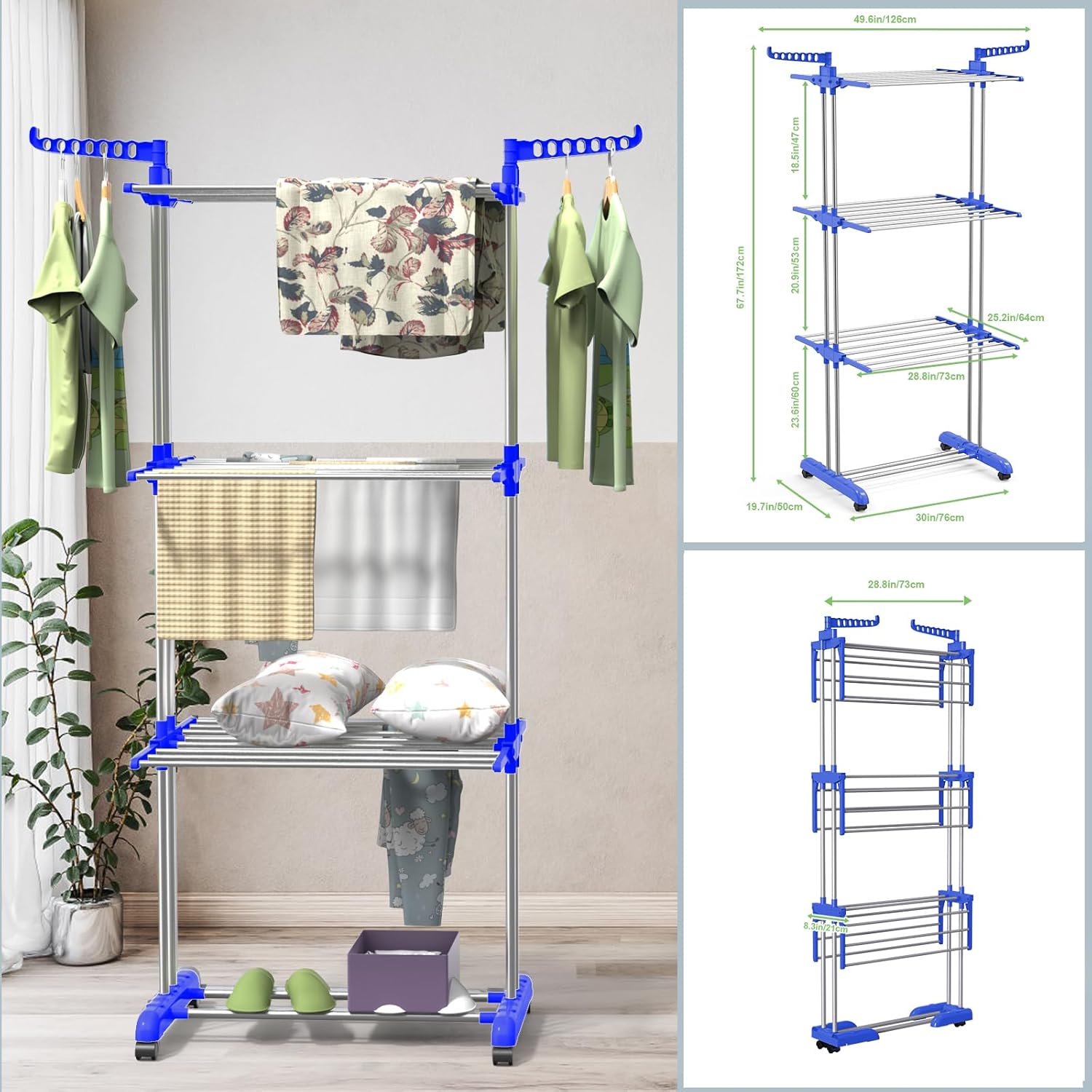 Bigzzia Clothes Drying Rack, 67.7 Inch Laundry Drying Rack with Foldable Base, 4 Tier Stainless Steel Drying Rack Clothing, Movable Laundry Rack for Indoor Outdoor-Blue