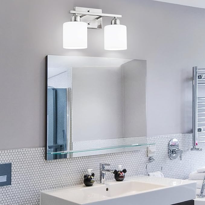 Brushed Nickel Bathroom Light, 2 Light Bathroom Vanity Light Brushed Nickel, Vanity Lamp with Milky White Frosted Glass Shades, E26 Socket