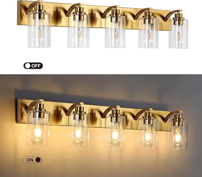 5-Light Bathroom Light Fixtures Modern Gold Vanity Lights for Bathroom Lighting Fixtures Over Mirror with Clear Glass Shade for Cabinet Mirror Bedroom Hallway