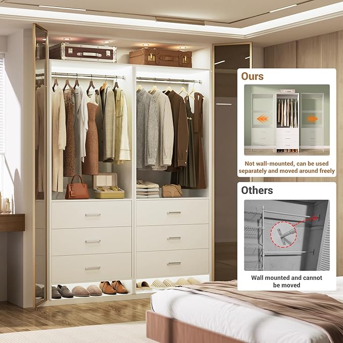 Aheaplus Closet System Closet Organizer, Wood Closets Organizer System, Walk-in Closet or Wardrobe, Clothes Rack with Hanging Rods, 8FT Closets, Set of 4, White