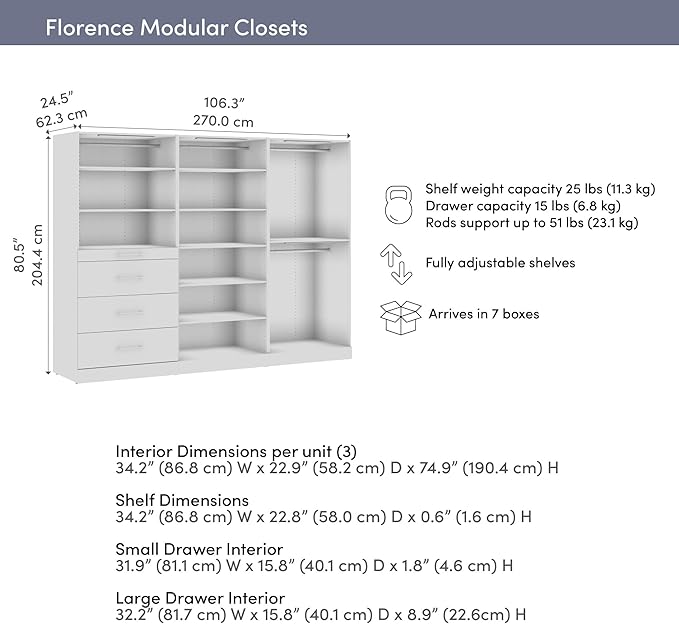 Bestar 107W x 25D Modular Closet Organizer System, Walk-in Closet with LED Lights, Rods, Shelves, and Drawers, Slab Style, Florence Collection, White