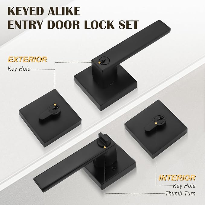 2 Pack Keyed Entry Door Lever and Double Cylinder Deadbolt Set, Keyed Alike Reversible Lockset, Matte Black Square Interior/Exterior Handleset for Bedroom, Front Door