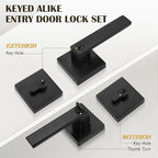 1 Pack Keyed Entry Door Lever and Double Cylinder Deadbolt Set, Keyed Alike Reversible Lockset, Matte Black Square Interior/Exterior Handleset for Bedroom, Front Door