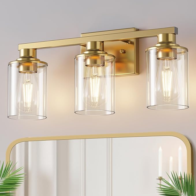 DORESshop 17 Inch Bathroom Light Fixtures, 3-Light Copper Bathroom Lighting Fixtures Over Mirror with Clear Glass Shade, Vanity Lights for Living Room Bedroom