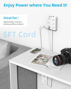 5 FT Flat Plug Extension with 4 USB(2 USB C), 6 AC Outlets Multiple Plug Expander Wall Charger, Ultra Thin Extension Cord, Power Strip Surge Protector for Home Office Kitchen. White