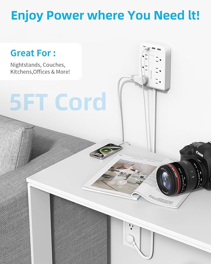 5 FT Flat Plug Extension with 4 USB(2 USB C), 6 AC Outlets Multiple Plug Expander Wall Charger, Ultra Thin Extension Cord, Power Strip Surge Protector for Home Office Kitchen. White