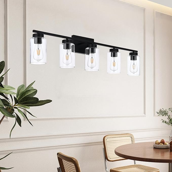 5 Light Bathroom Vanity Light Fixtures, Matte Black Modern Wall Lights with Clear Glass Shade, Vintage Wall Sconce Lighting for Living Room, Mirror, Bedroom, Hallway (Black, 5-Lights)