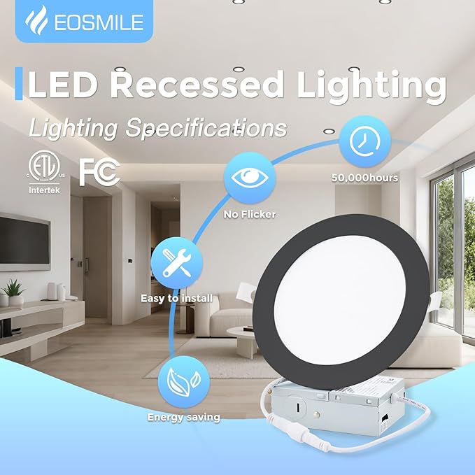 16 Pack 6 inch Black Recessed Lighting, 5CCT LED Recessed Light with Junction Box, 2700K-5000K Selectable, 12W, 120v, 1100LM Dimmable Canless Wafer Downlight, ETL FCC