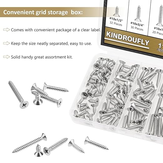 112 Pieces #10 x 1/2" 3/4" 1" 1-1/4" 1-1/2" Phillips Countersunk Head Self-Tapping Screws, Wood Screws Assortment Kit, 304 Stainless Steel