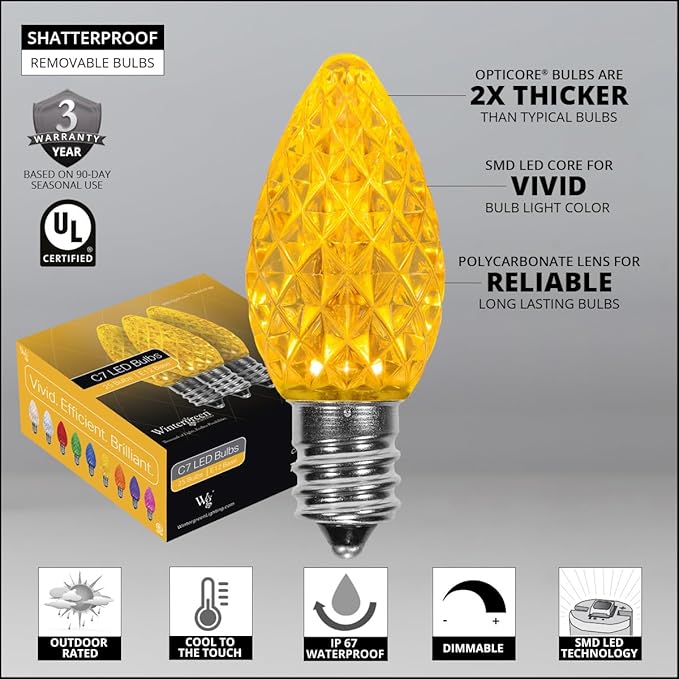 Wintergreen Lighting OptiCore C7 LED Christmas Light Bulbs - 25 Pack Heavy Duty Premium Outdoor Christmas Lights, E12 Base (Gold Faceted)