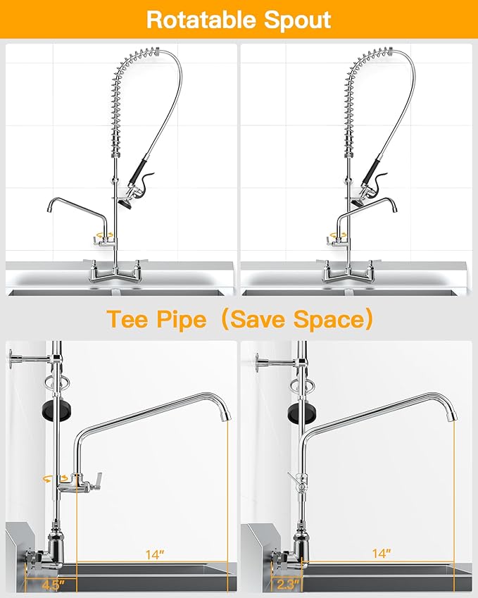Commercial Sink Faucet Wall Mount with Pre Rinse Sprayer 8 inch Center Wall Mount Kitchen Sink Faucet 42" Height with 14" Add-on Swing Spout for 1/2/3 Compartment Sink