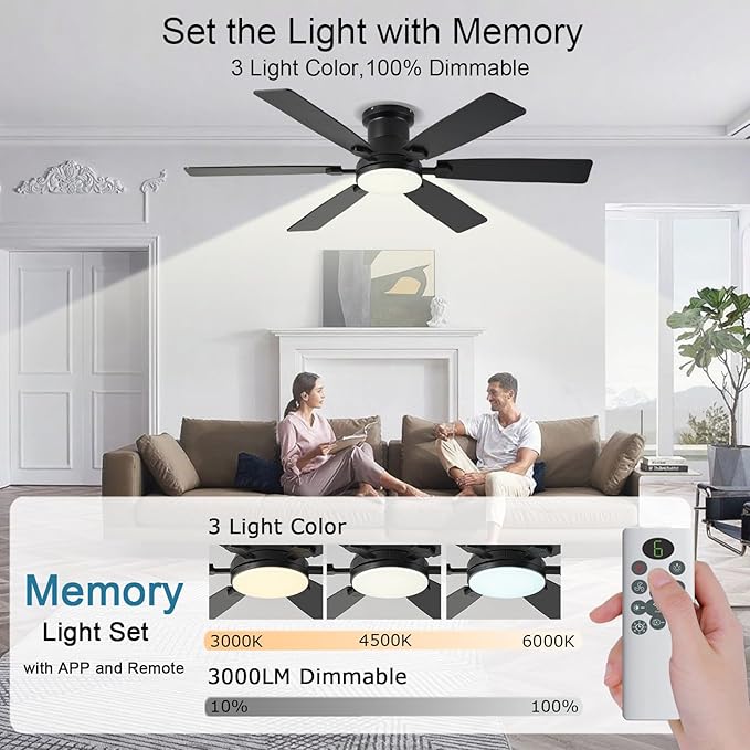 52inch Low Profile Ceiling Fan with Light and Remote/APP Control, LED Dimmable DC ReversibleModern, Flush Mount,6 Blade,Black Ceiling Fan for Bedroom Living Room/Outdoor Use