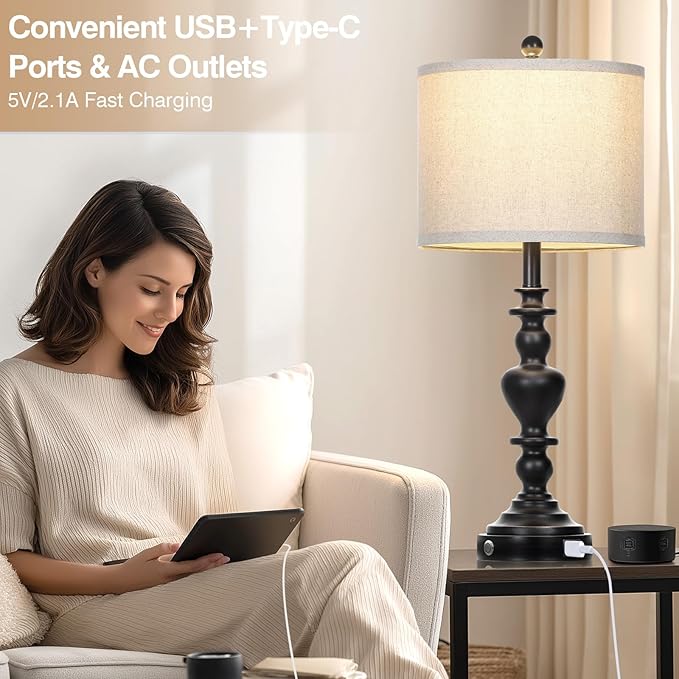 Farmhouse Table Lamps Set of 2, 27" Black Vintage Bedside Lamps with USB A+C Charging Ports, 3-Way Dimmable Touch Control Rustic Nightstand Lamp for Living Room Office(Bulbs Included)