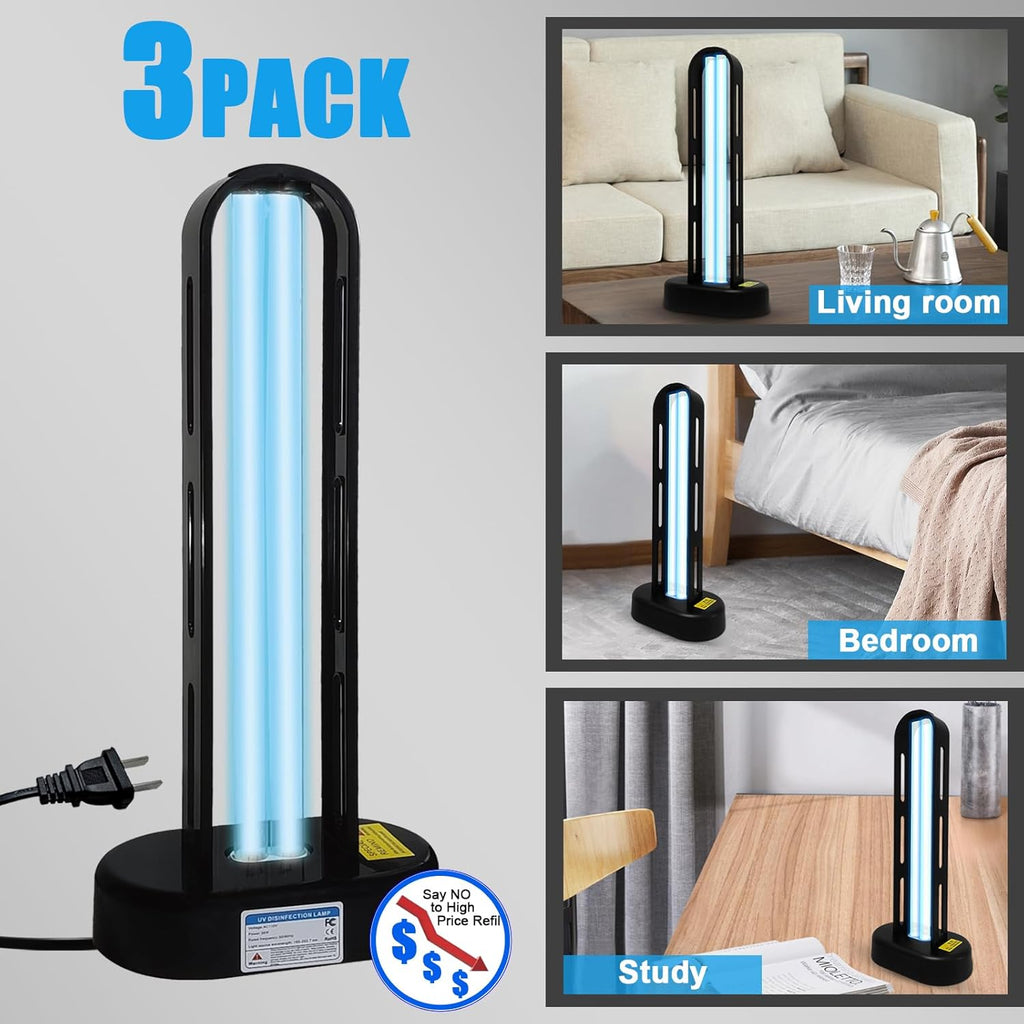 BAIMNOCM 3 Pack 38W UV Light Sanitizer, UVC Germicidal Lamp with Remote Control, UV Disinfection Light Bulb for Basement/Bedroom/Kitchen (2 Ozone Free + 1 Ozone)