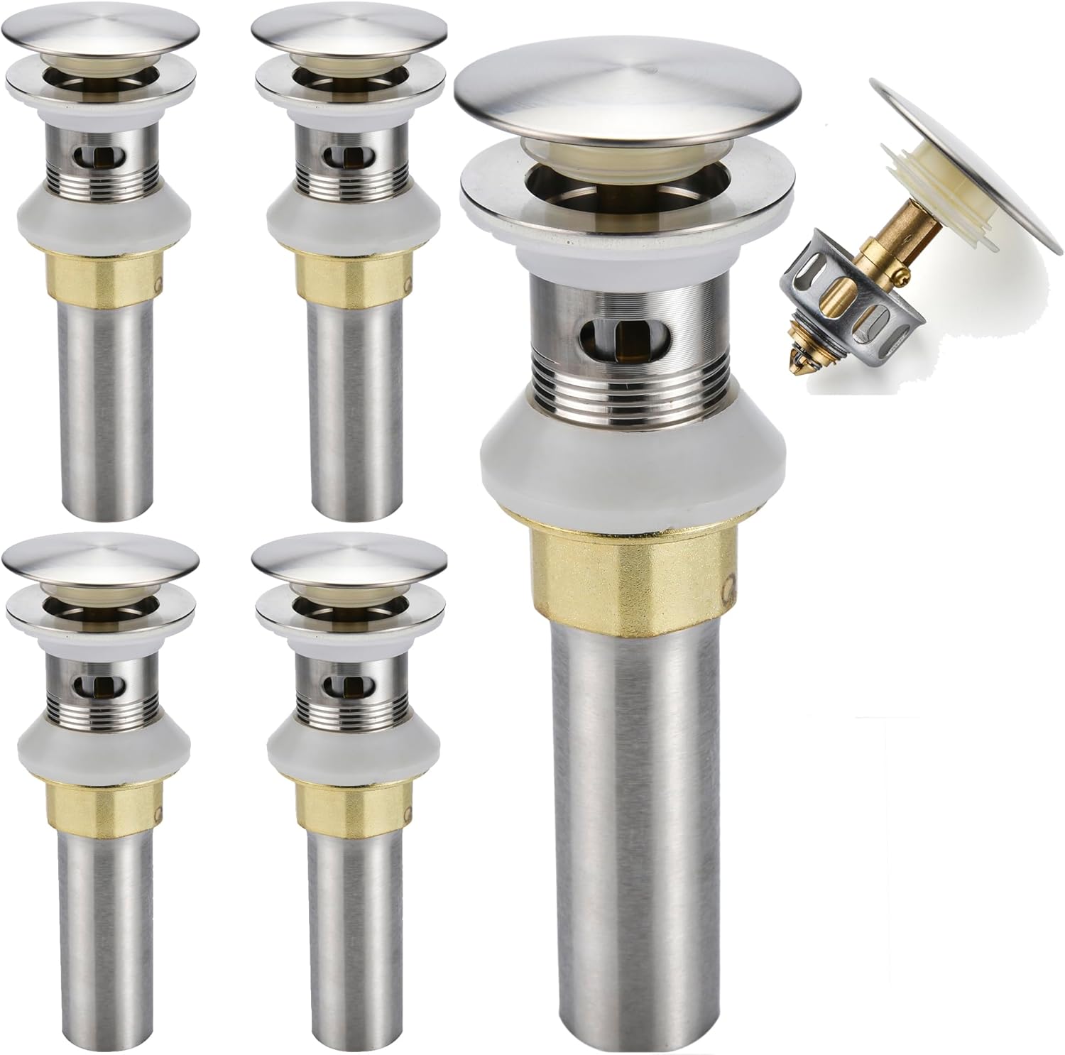 Bathroom Sink Drain,5 Pack Drain Stopper Bathroom Sink with Overflow,Pop Up Drain Assembly with Detachable Strainer Basket,Built-in Anti-Clogging Strainer,Stainless Steel Brushed Nickel