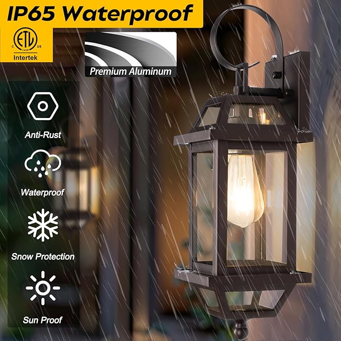 18" Bronze Outdoor Wall Sconces, Dusk Till Dawn Outdoor Porch Lights with Clear Glass, Aluminum Outside Porch Lantern Enclosed Bottom ETL Listed Brown Exterior Wall Sconces for Patio House