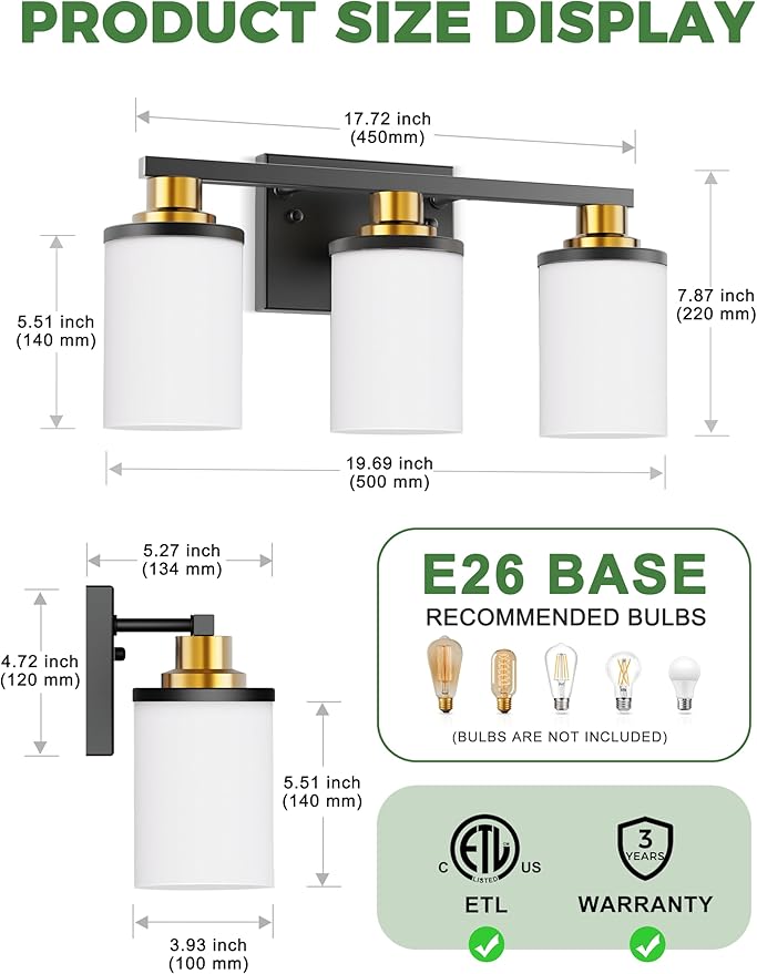 DORESshop Black and Gold Vanity Light, 3-Light Bathroom Light Fixture Over Mirror with Milk Glass Shade, Modern Vanity Lighting for Living Room Bedroom, ETL Listed