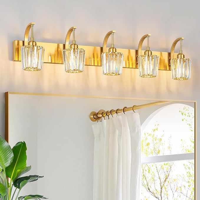 Modern Bathroom Vanity Light, 5-Light Gold Wall Sconce with Crystal Accents, Over Mirror Bathroom Lighting Fixture, 42.52" Long Dimmable Vanity Lamp for Makeup, Easy Installation