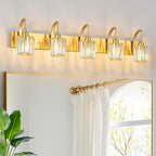 Modern Bathroom Vanity Light, 5-Light Gold Wall Sconce with Crystal Accents, Over Mirror Bathroom Lighting Fixture, 42.52" Long Dimmable Vanity Lamp for Makeup, Easy Installation