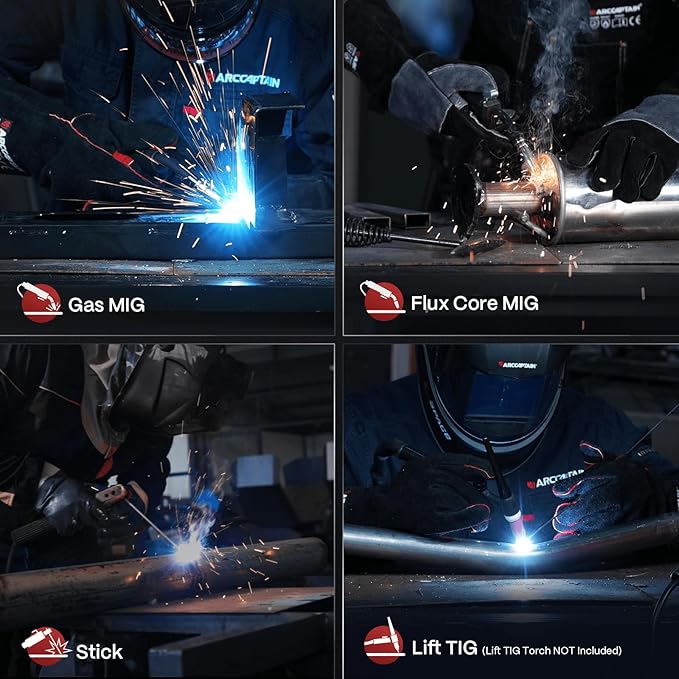 ARCCAPTAIN 165A MIG Welder 110V/220V, 2025 Newest [Large LED Display] 4 in 1 Gasless/Gas MIG/Lift TIG/Stick Welding Machine Multiprocess Welder Machine, IGBT Inverter Welder with Synergy, 2T/4T